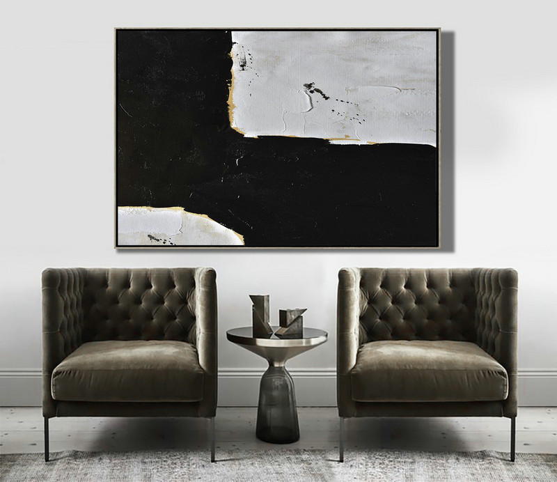 Large Paintings For Living Room,Horizontal Palette Knife Minimal Canvas Art Painting Black White Beige - Original Abstract Painting Canvas Art